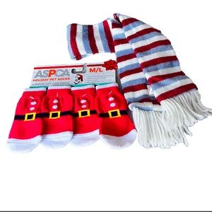 Pup Dog Christmas Holiday Pet Knit Anti-Slip Socks Sz M/L & Dan Dee Scarf NWT